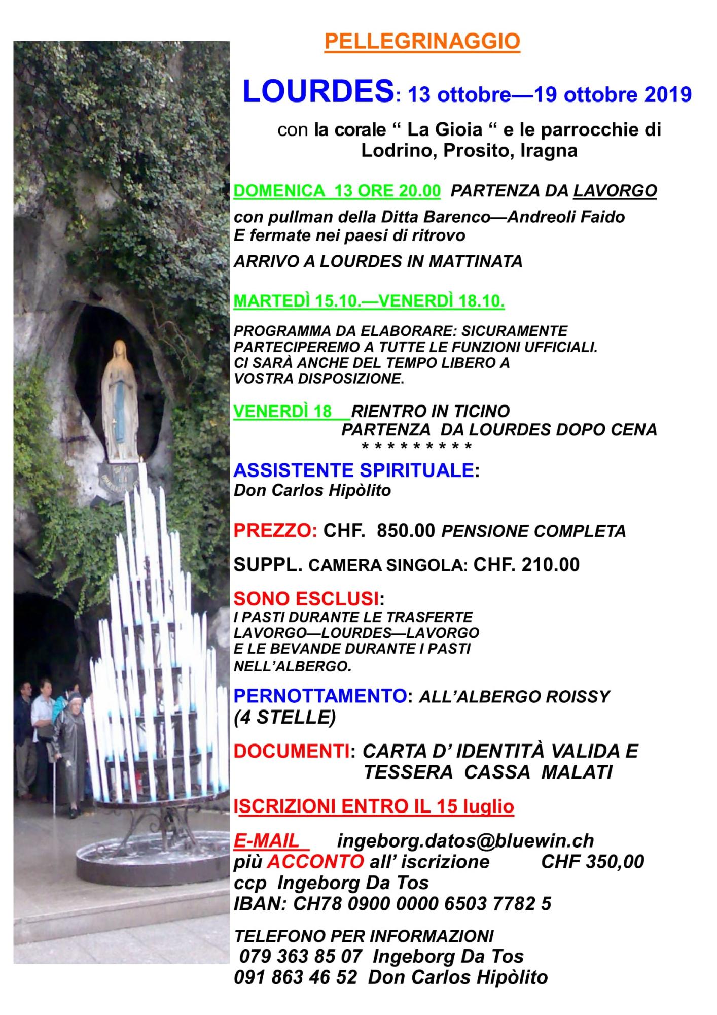 516 Pellegrinaggio Lourdes 2019-1 iscriz entro 15luglio 2019